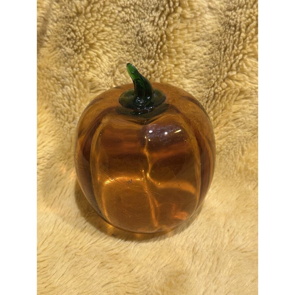 Blenko Hand Blown Pumpkin Optic Glass Topaz 6.5 in w/Green Stem Halloween /Fall - Picture 4 of 7